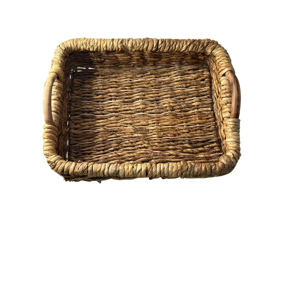 Natural‎ Woven Seagrass Tray Rectangular Basket with Wood Handles Brown 17x13